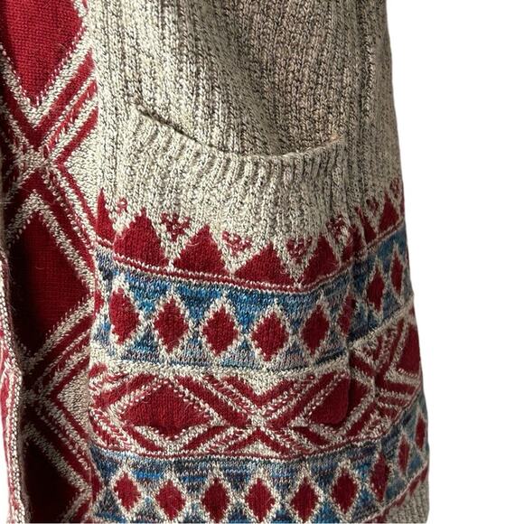 Lucky Brand Aztec Drape Wrap Cardigan Sweater Small Red Beige Tribal Pockets - Picture 7 of 13